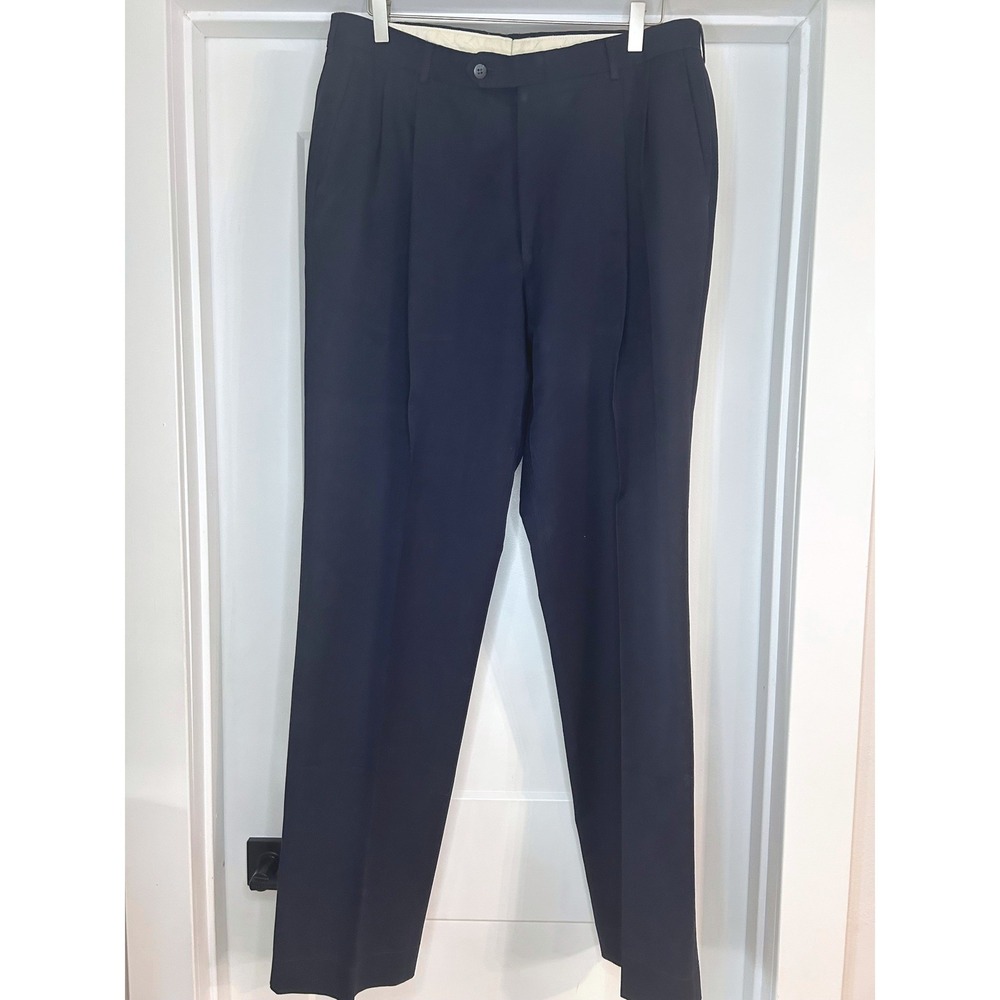 Berle Mens Navy Blue Pleated Dress‎ Pants Made in USA Straight Leg Size 34x34